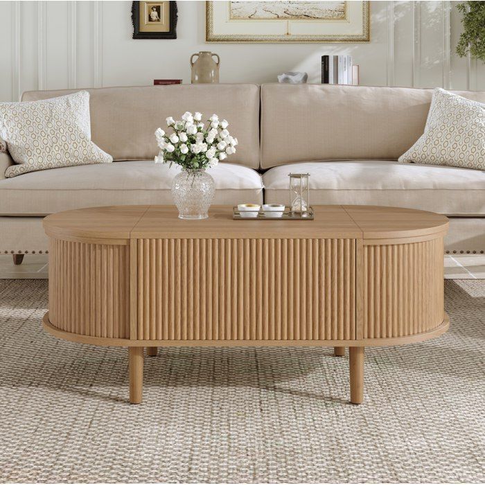 Table basse relevable ovale chêne 100 x 48 x 53 5 cm plateau MDF rangement pieds bois massif