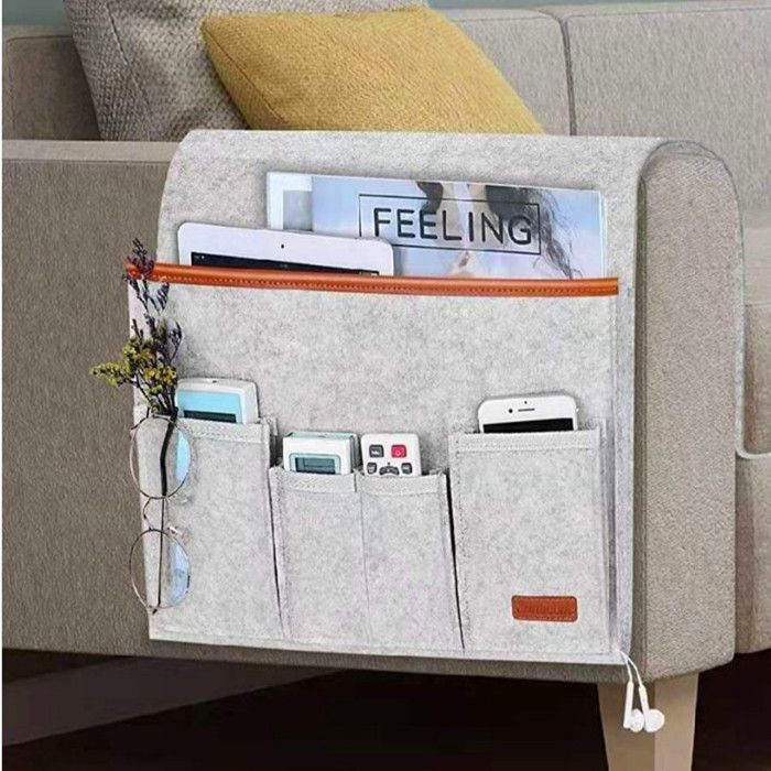 Sac de rangement pour accoudoir de canapé pochette suspendue en feutre pour télécommande de chevet gris clair