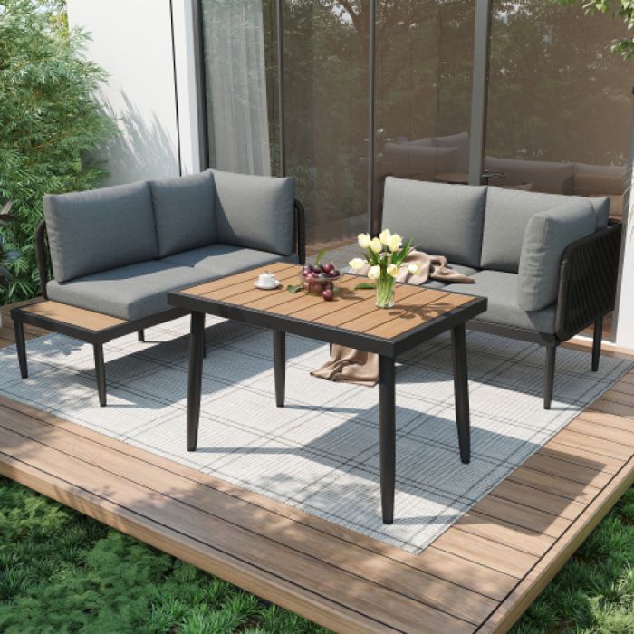 Ensemble de jardin ensemble dangle canapé + table acier galvanisé plateau plastique imitation bois Gris