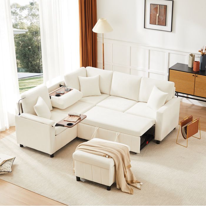Canapé d’angle convertible 4 places avec lit et pouf avec rangement - BEAUNIV - lampe de lecture USB chenille beige