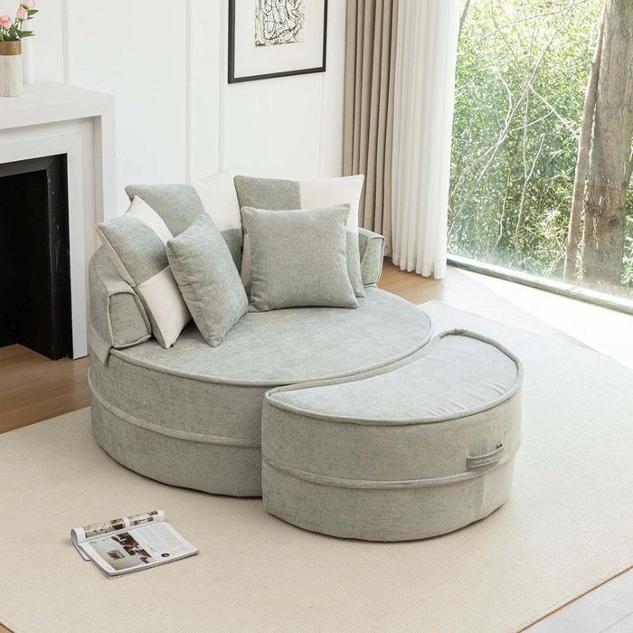 Canapé rond - 1 place - Tissu chenille - Déhoussable lavable - Avec repose-pieds - Vert