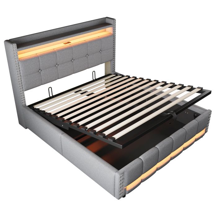 Lit coffre 160 x 200 cm – lit double adulte gris clair avec LED USB et tête de lit avec rangement