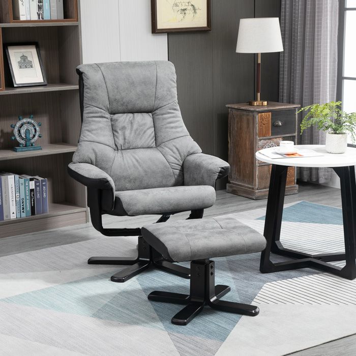 Fauteuil relax avec repose-pieds - 78 x 825 x 109 cm - Pivotant 360° - Inclinable 135° - Microfibre gris