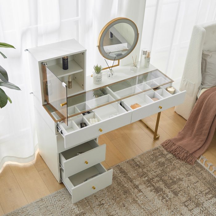 Coiffeuse Avec Miroir LED 3 Couleurs Plateau En Verre Trempé Transparent Meuble Latéral Réversible Blanc Et Doré 120 x 45 x 115 cm