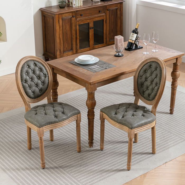 ULEVR Lot de 2 chaises de salle a manger style campagne francaise dossier ovale capitonne PU vert olive
