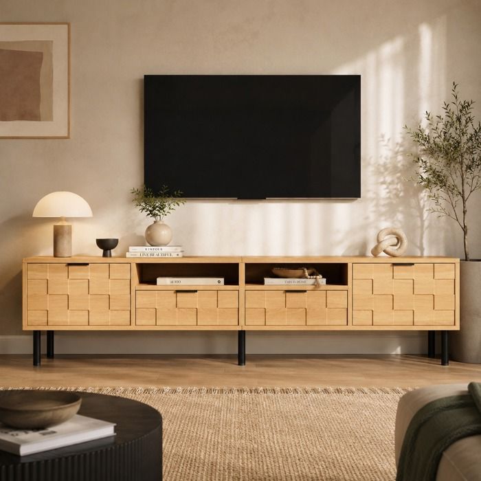 Meuble TV Bois Naturel 2 Portes 2 Tiroirs 2 Niches Ouvertes Décor 3D TV 80 Pouces 200x35x44.5cm