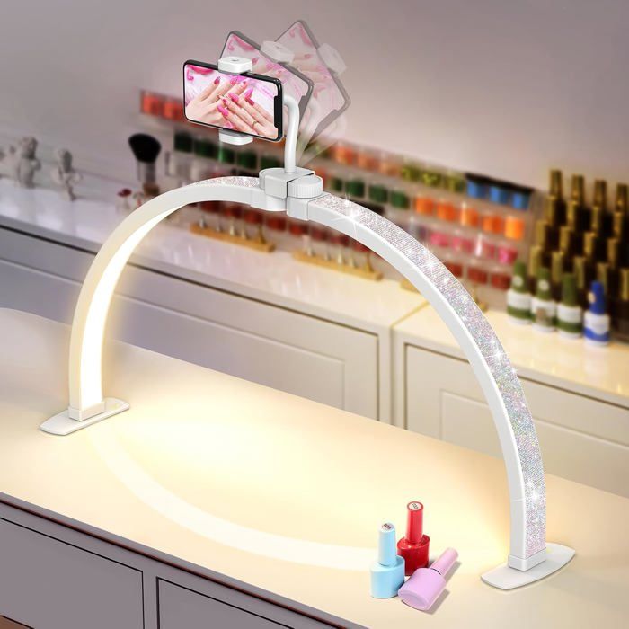 Lampe demi-lune LED 56 cm - 3 modes couleur 10 niveaux luminosité - pliable support téléphone - manucure cils tatouage - blanc
