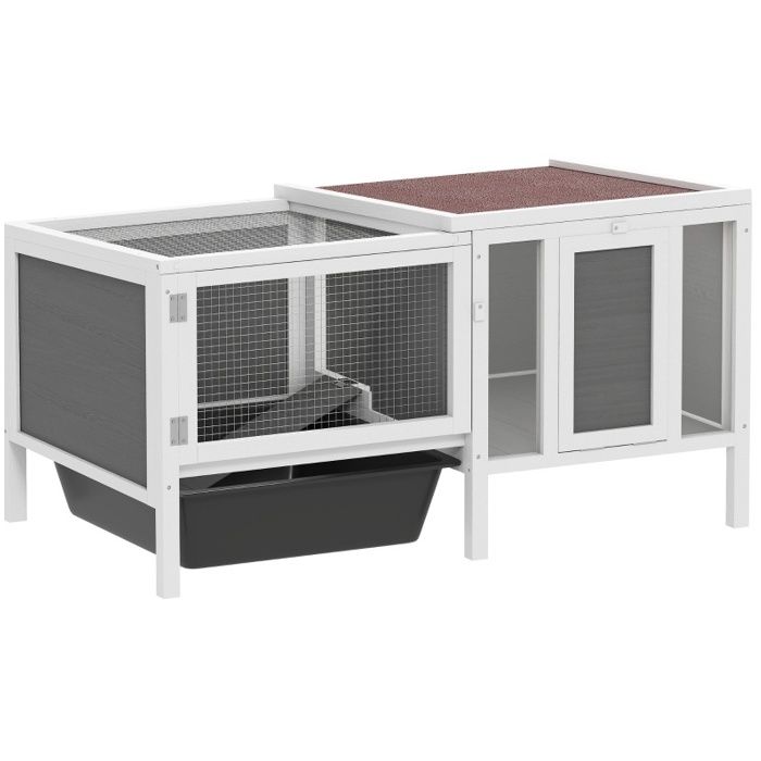 Clapier pour lapin avec enclos – Gris – Rampe 3 entrées tiroir coulissant – 105 x 57 5 x 51 5 cm