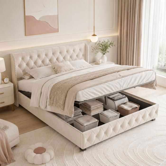 Lit 140x190 lit coffre 140x190 avec sommier lit 2 personnes lit adulte lit rembourré grand lit velours beige
