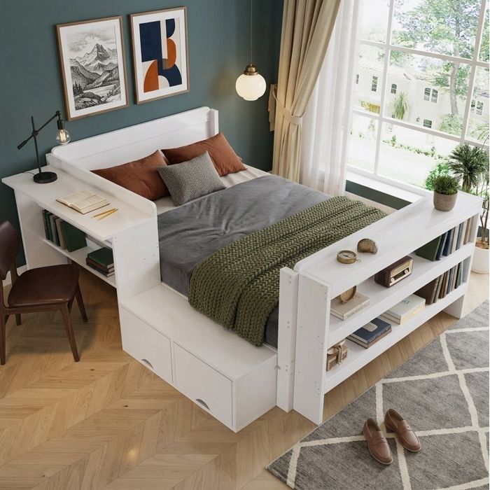 Lit combiné 120 x 200 cm blanc avec bureau latéral rangements et étagère ouverte