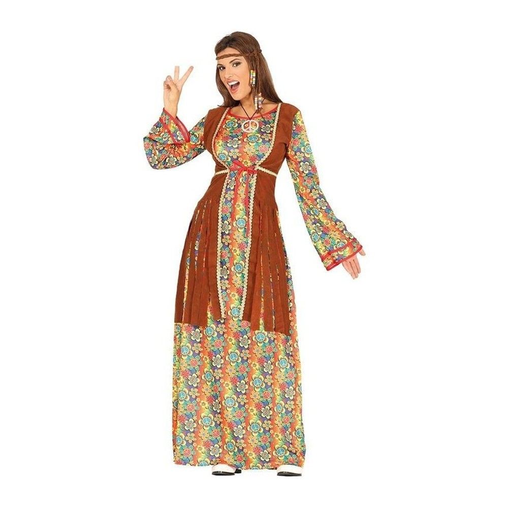 Déguisement Hippie Femme Luxe - ALPEXE - Taille 42-44 - Robe à Fleurs Multicolore - Gilet Marron à Franges