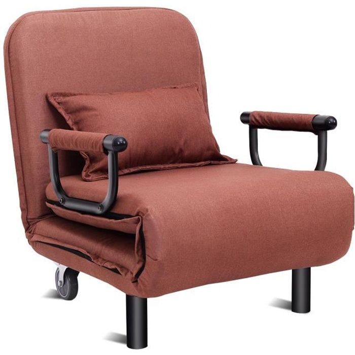 costway fauteuil chauffeuse canapé lit convertible 3 en 1 dossier réglable rembourée d'eponge roue avec frein brun