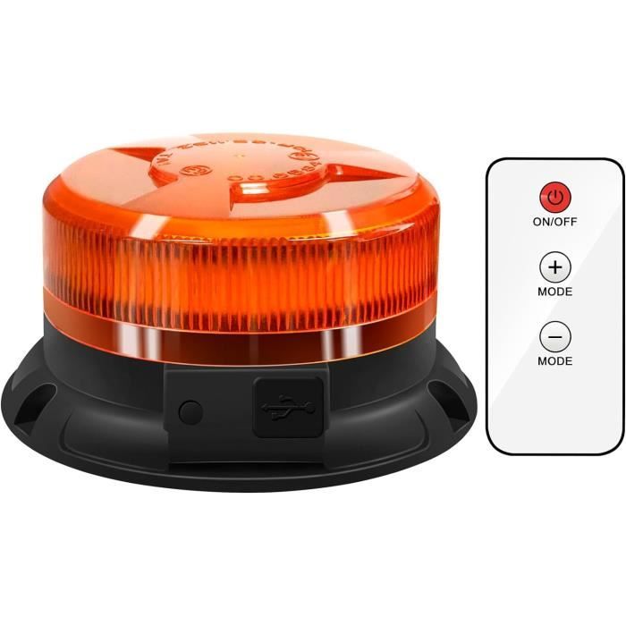 Gyrophare LED Sans Fil Rechargeable avec télécommande 12V-24V orange phare d’avertissement clignotant magnétique 9 Modes