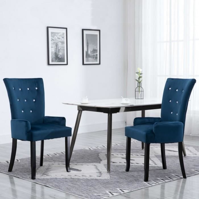 P2 Chaise de salle a manger avec accoudoirs Bleu fonce Velours