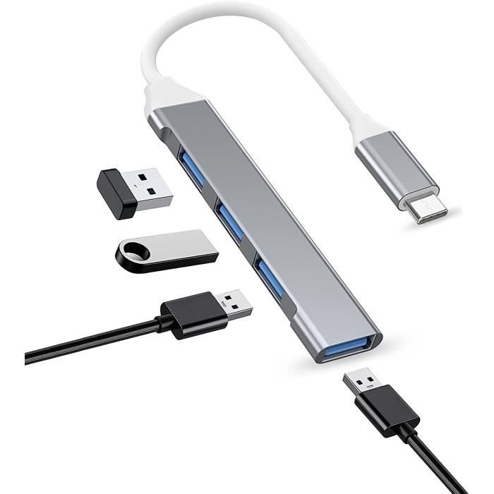 Hub USB C Vers 4 Ports USB 3.0 - Aluminium - Transfert 5 Gbps - 18 Cm - Gris