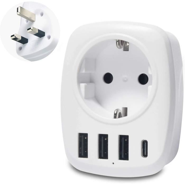 UK to European Adapter Plug with 3 USB Ports, EU Schuko