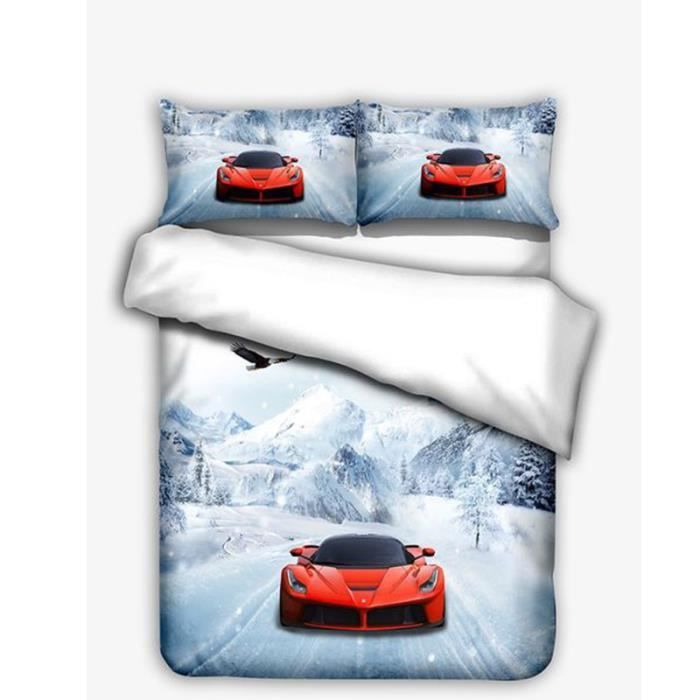 SmoIocn Housse De Couette 220 X 230 Cm +2 Taie DOreillerpaysage De Voiture De Sport Rouge Piste Brumeuse Prairie Alpine Ensemble De Literie Pour Enfants Gar/çons Et Filles Parure De Lit 3 Personnes