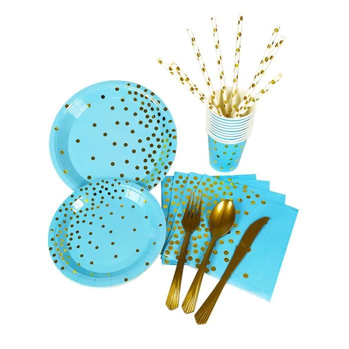 Set De Vaisselle Jetable Bleu 99 Pièces - Assiettes, Gobelets, Serviettes, Pailles - Pour Fêtes Et Anniversaires