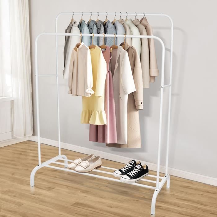 HUOLE- Porte-Manteau support à vêtements à deux barres étagère de Rangement Blanc 145-125*110*54cm / Repose-pieds antidérapant