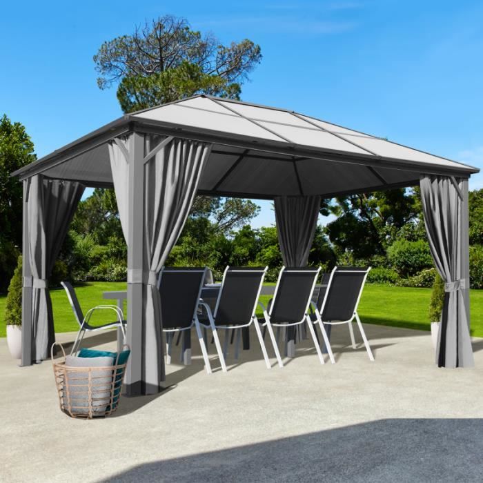 Tonnelle Maya 3x4 M Toit Polycarbonate Rideaux Gris Achat
