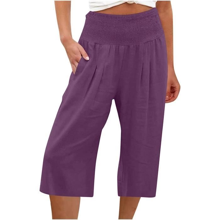 Pantalon Court Femme Ete Pantacourt Fluide Jambe en Coton et Lin Pantalon de Jogging leger pour Femme Pantalon de Longueur 3 4 I Pourpre Cdiscount Pret a Porter