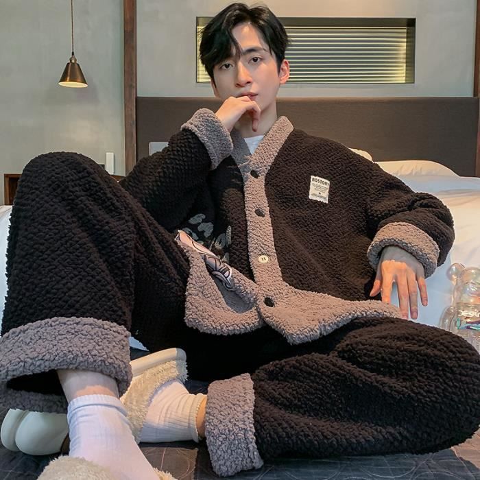 Pyjama Homme 2 Pi ces en peluche Col V Manches longues Confortable
