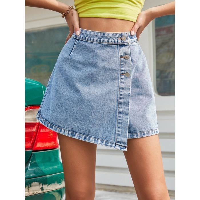 Benuynffy-Mini jupe en jean taille haute pour femme,ourlet boutonn?� devant,ligne A,jean femme 