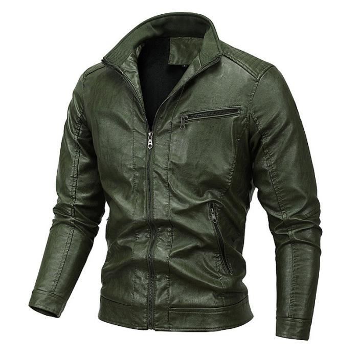Blouson Homme en Cuir Mi saison Fashion Casual Nouvelle Slim Fit Veste en Cuir PU Confortable Marque Luxe Veste Hommes Vert