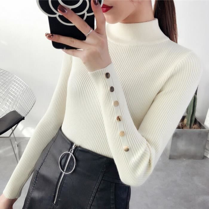 PULL Pull col montant pour femme vetement slim elastique assorti a la mode epais nouvelle collection hiver 2019 Type beige Blanc Cdiscount Pret a Porter