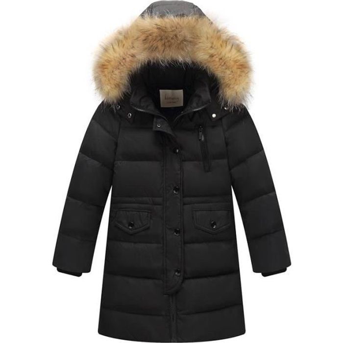 Doudoune Hiver Enfant Capuche Fausse Fourrure Veste Mi longue Chaude Epaisse Couleur Unie Pour Garcon Fille Noir Cdiscount Pret a Porter
