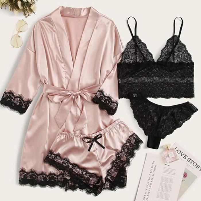 Robe de Chambre Satin Soie Pyjamas Femmes Chemise De Nuit Lingerie Robes Sous Vetements Vetements Sexy Rose Rose Cdiscount Pret a Porter
