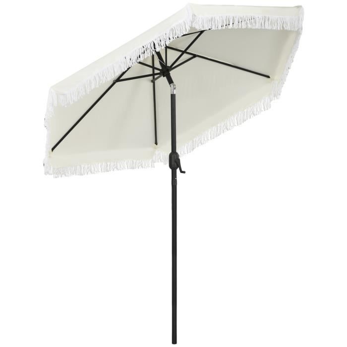 Parasol inclinable de jardin Ø 225 cm style bohème à franges crème
