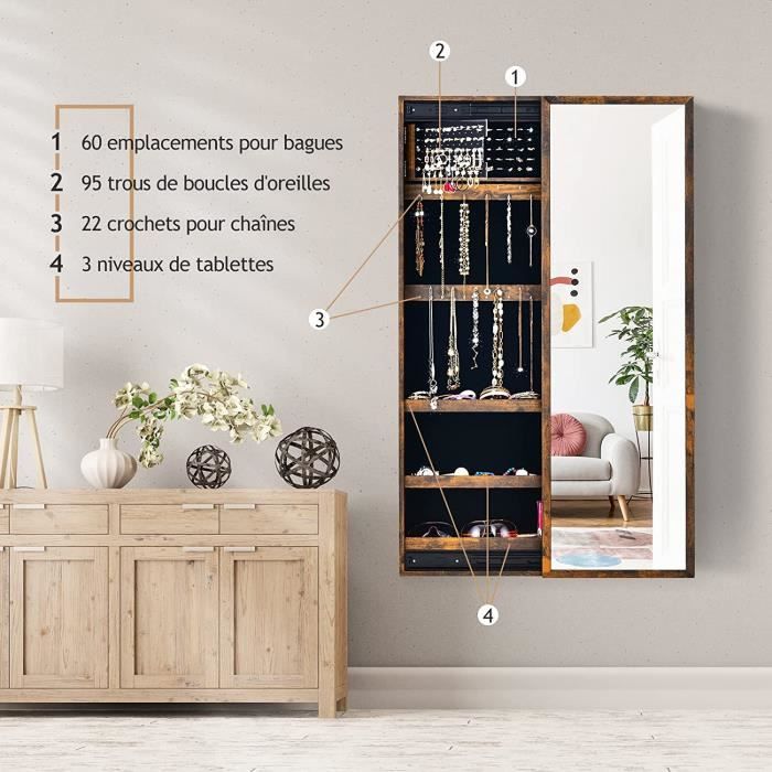 RELAX4LIFE Armoire à Bijoux Pivotante 360° Avec Miroir - Marron Rustique - Verrouillable
