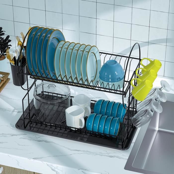 Égouttoir à Vaisselle à 2 Niveaux, égouttoir à Vaisselle Avec Egouttoirs Support Pour Planche A Decouper Porte Couverts Panier A Vaisselle Porte Gobelet Vert Dore
