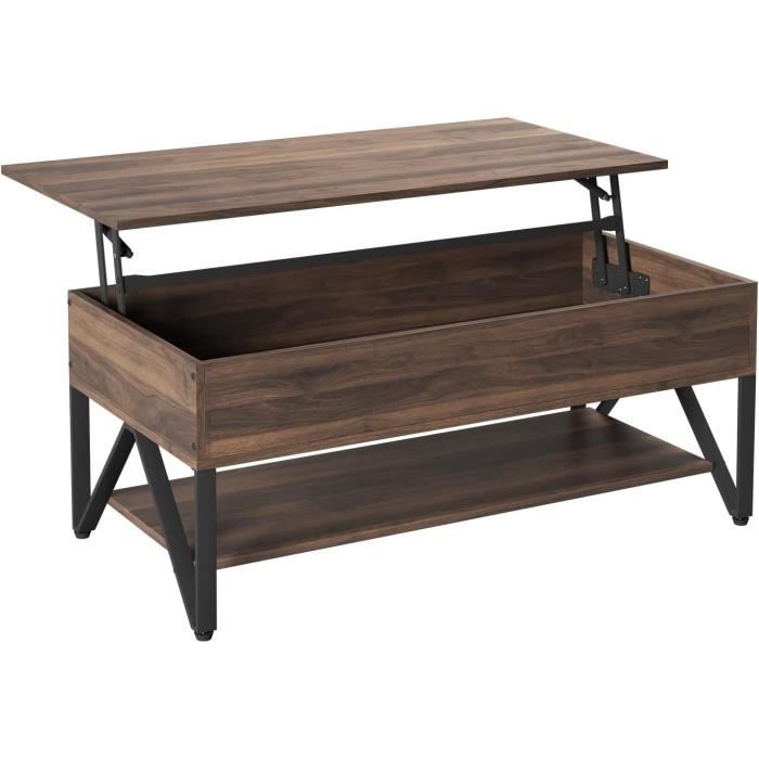 Table Basse Relevable KIMENICH - Avec Rangement Cache Et Étagère - Bois Marron - Pour Petit Espace