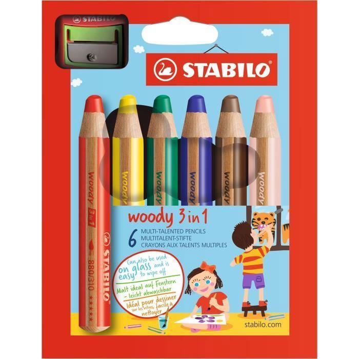 STABILO - Etui carton - lot de6 crayons de couleur multi-talents - 1 taille-crayon