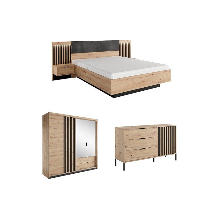 Ensemble lit avec chevets 160 x 200 cm + Commode + Armoire - Coloris : Naturel et noir - ARIADA Ensemble lit avec chevets 160 x 200 cm + Commode + Armoire - Coloris : Naturel et noir - ARIADA