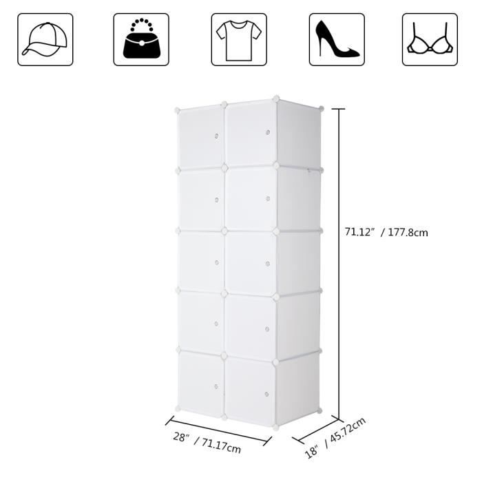 Armoire Pliable Plastique 10 Compartiments - 6 Portes Transparentes, Barre à Suspendre - 69x50x170 Cm - 2