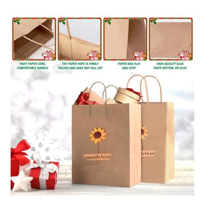 50 Sacs En Papier Kraft Avec Poignées - 14x8x22 Cm, Marron - Recyclables, Pour Cadeaux, Shopping, DIY, Calendrier De L'Avent