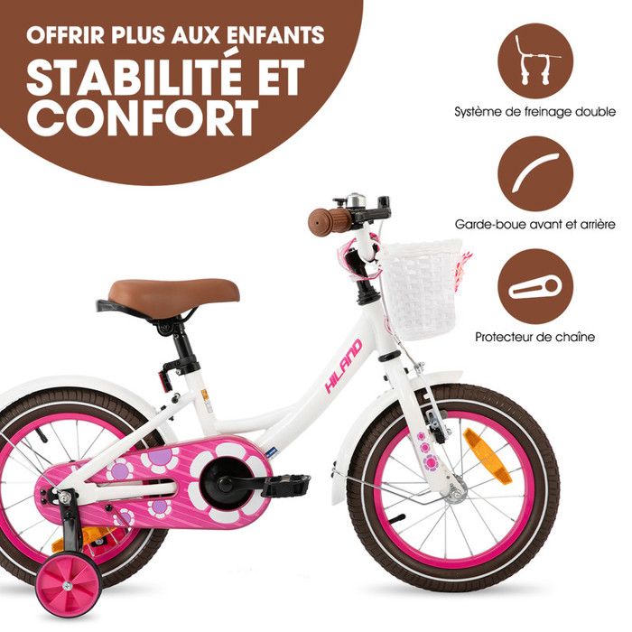 HILAND Velo Enfant 16 Pouces pour Fille de 6 7 8 Ans avec Panier et Roues stabilisatrices Blanc