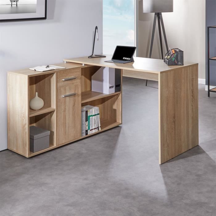 Bureau d'angle CARMEN table avec meuble de rangement intégré et modulable  avec 4 étagères 1 porte et 1 tiroir, décor chêne sonoma - Cdiscount Maison