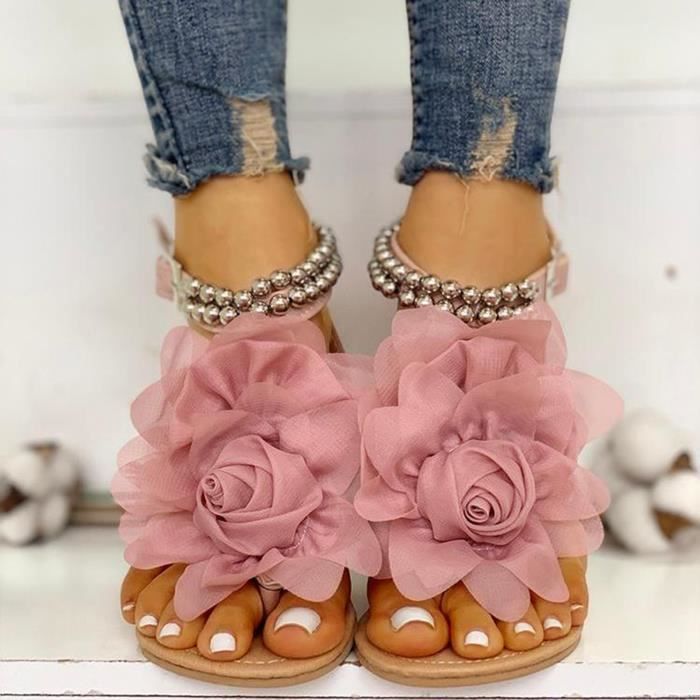 Sandales plates pour femmes d t perles LUKCOLOR Style boh me Boucle fleurs Rose
