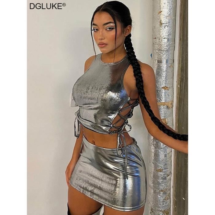 Jupe ensemble 2 pi ces m tallique pour femme haut court et Mini