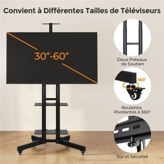 Yaheetech Support TV Sur Pied Pour 32 à 75 Pouces - Mobile à Roulettes Avec Gestion Câbles