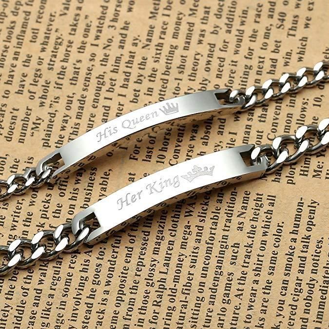 Parure Couple Flongo - Colliers Et Bracelets Gravés His Queen/Her King - Acier Inoxydable Or Rose/Noir