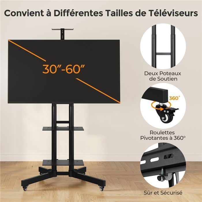 Yaheetech Supporto TV Mobile Con Ruote – Altezza E Inclinazione Regolabili, Per Schermi 23-60 Pollici Fino A 25kg, VESA 400x400