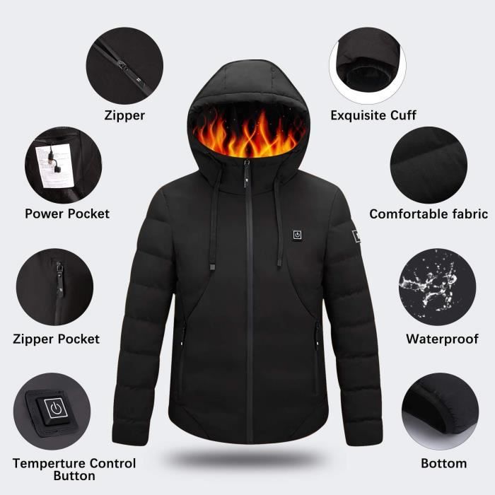 Veste Chauffante a Capuche Hommes Femmes Hiver Manteaux Impermeable Coupe Vent pour Le Tenue Quotidienne Ski Equitation Moto. S Noir Cdiscount Pret a Porter