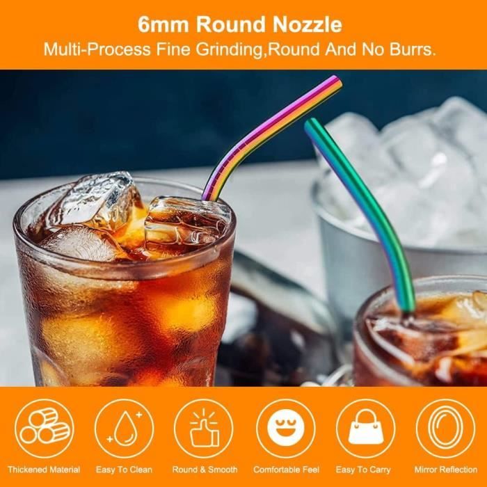 UNOLIGA 12mm Pailles en Inox Réutilisables Extra Larges pour Bubble Tea, 7 Couleurs Métalliques pour Cocktails, Smoothies, Milkshake et Boissons Chaudes (avec 2 Pinceaux de Nettoyage