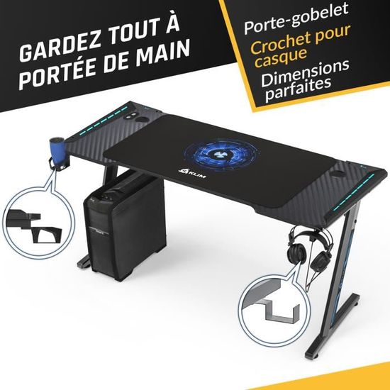 Devoko Bureau Gaming 160cm Bureau Gamer Informatique Table Gaming Bueau PC Avec Porte-gobelet