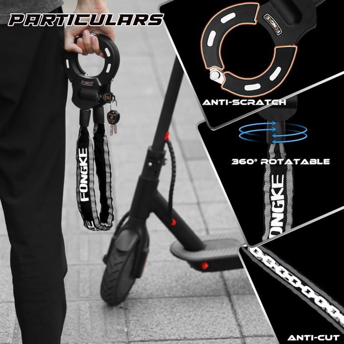 Antivol Trottinette électrique Renforcé - Cadenas Acier Trempé Avec Chaîne 92 Cm - Revêtement Silicone Anti-rayures - 3 Clés